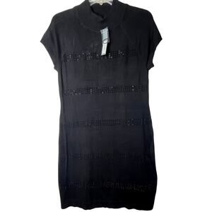 Apt 9 Mock Neck Cap Sleeve rhinestone accented sweater dress, black, size L, NWT
